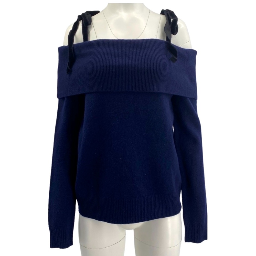 PAIGE Violette Off the Shoulder Tiered Knit Sweater Midnight Navy M